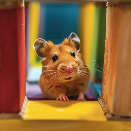 A cute hamster emerges from a vibrant, multicolored maze, showcasing curiosity and charm. Perfect for pet and playful themed stock photos.の素材