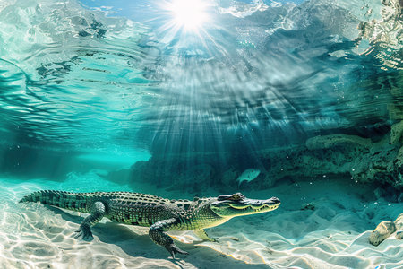A crocodile glides through crystal-clear water, sunbeams illuminating its textured skin. Reptile. Animals.の素材