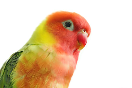 A colorful lovebird perched on a white background. Its vibrant feathers are a mix of orange, yellow, and green, with a bright red head. Bird. Wildlife Animals.の素材