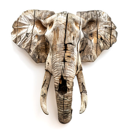 Rustic wooden elephant head sculpture with detailed carvings and natural texture, perfect for adding a touch of wildlife and nature to any space.の素材