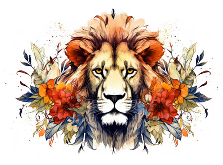 Image of a lion head with colorful tropical flowers on white background. Wildlife Animals.の素材