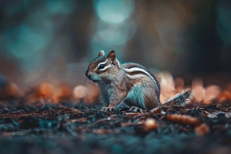 A small chipmunk sits on a bed of fallen leaves, its stripes clearly visible against the natural background. Wildlife Animals.の素材