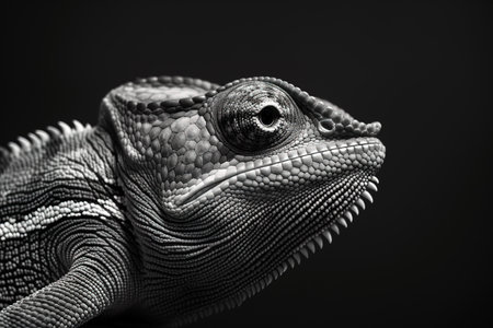 High-resolution black and white close-up of a chameleon, showcasing detailed scales and textures. Perfect for wildlife, reptiles, and nature photography projects.の素材
