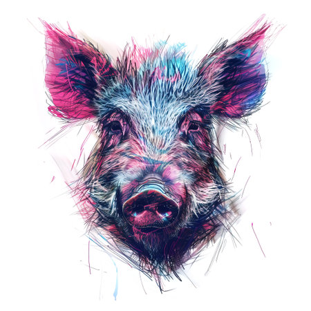 A vibrant, colorful illustration of a wild boar head with expressive eyes in colorful pencil strokes, Perfect for farm, animal, and pop art designs, Pig Lover.の素材