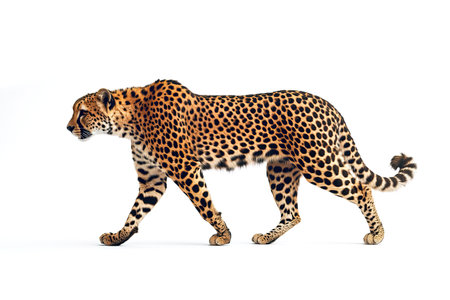 Majestic cheetah in full-body side view, gracefully walking with a focused gaze, showcasing its spotted fur and agile physique on a white background.の素材