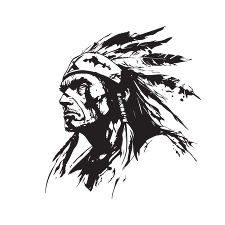 Illustration vector of a Native American chief in a traditional feathered headdress. Strong, stoic expression, perfect for logos and designs.のイラスト素材