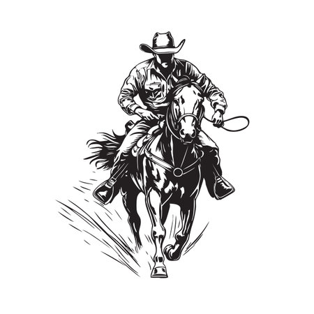 Dynamic black and white vector illustration of a cowboy riding a galloping horse. Bold lines and high contrast create a powerful Western-themed design.のイラスト素材