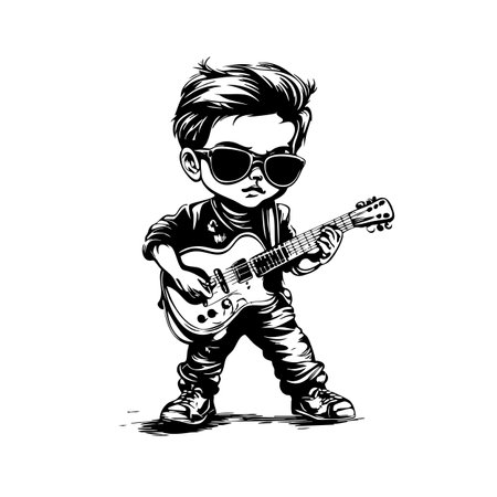 Vector of cool cartoon-style illustration of a young rockstar boy with sunglasses, messy hair, and an electric guitar, exuding confidence and attitude.のイラスト素材