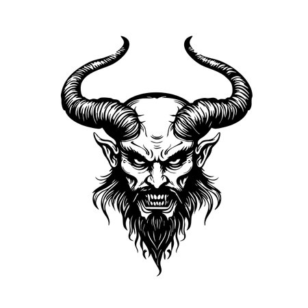 Menacing demon head vector illustration with curved horns, detailed beard, and fanged snarl in dramatic gothic style.のイラスト素材