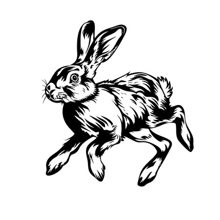 Vector of rabbit running with detailed fur texture on white background,  ideal for nature themed designs, leaping wild hare featuring, Wildlife Animalsのイラスト素材
