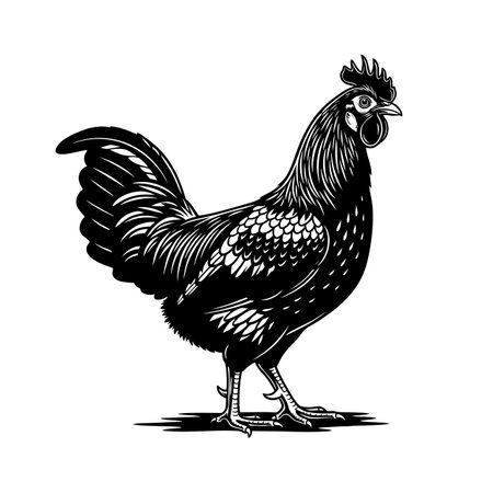 Striking black and white vector of an Ayam Cemani chicken in side view, highlighting its unique dark plumage and elegant stance. Ideal for farm-themed designs.のイラスト素材