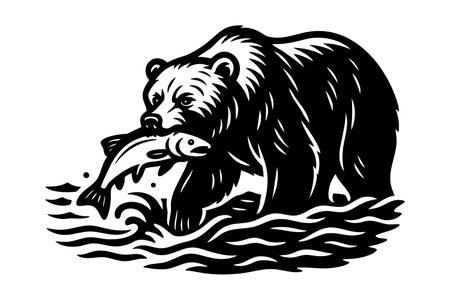 Black and white vector illustration of a bear holding a salmon in its mouth while standing in a river. Ideal for prints, logos, or wildlife designs. Animal.のイラスト素材