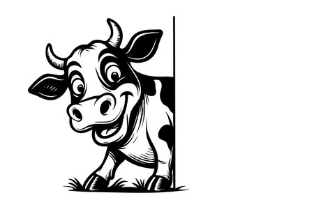 Vector of a happy, cartoon cow with big eyes peeks around a blank white edge.のイラスト素材