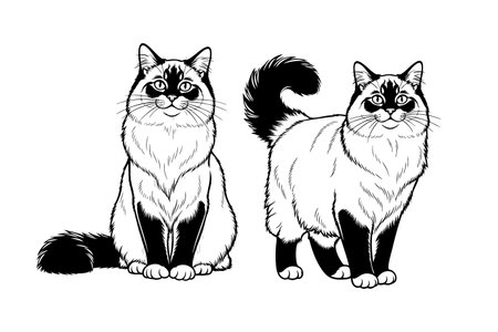 Vector of elegant outline illustration of two Birman cats, one seated and one standing, highlighting their distinctive markings and fluffy tails. Pet.のイラスト素材