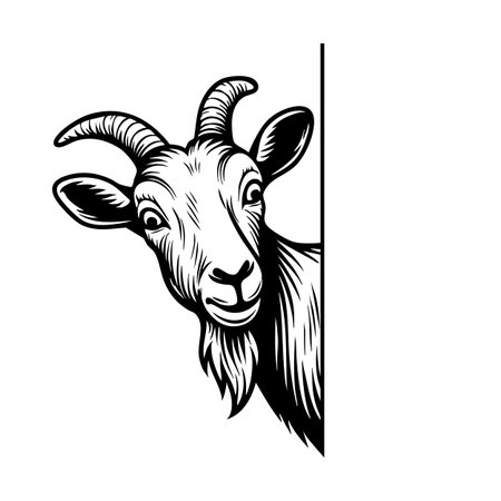 Vector of humorous outline of a goat peeking from the side, with a curious and expressive face.のイラスト素材