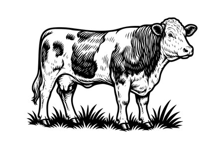 Vector of detailed black and white illustration of a Simmental cow standing in a field, perfect for farm themes.のイラスト素材