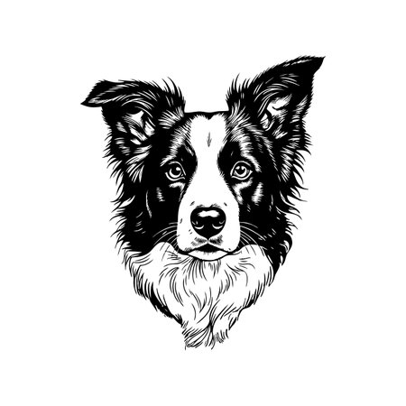 Vector of detailed black and white headshot of a Border Collie dog, capturing its intelligent and alert expression. Pet.のイラスト素材