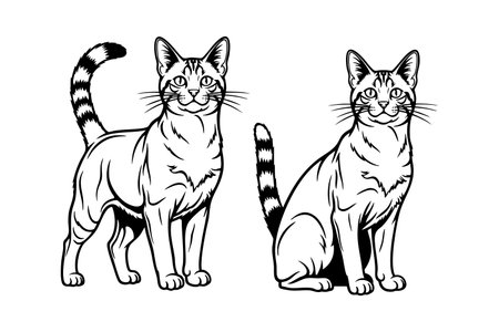 Two charming American Bobtail cats, one standing and one sitting, showcasing their distinctive short tails. Pet.のイラスト素材