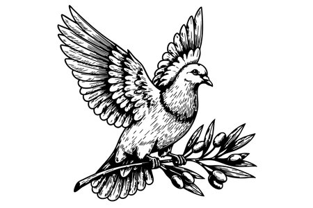 Classic dove with an olive branch, symbolizing peace, hope, and freedom in a beautiful vector illustration. Bird.のイラスト素材