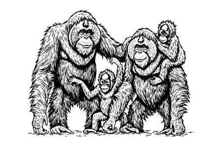Detailed vector illustration of an orangutan family, capturing the bond between adults and their young in a natural setting. Wildlife Animals.のイラスト素材
