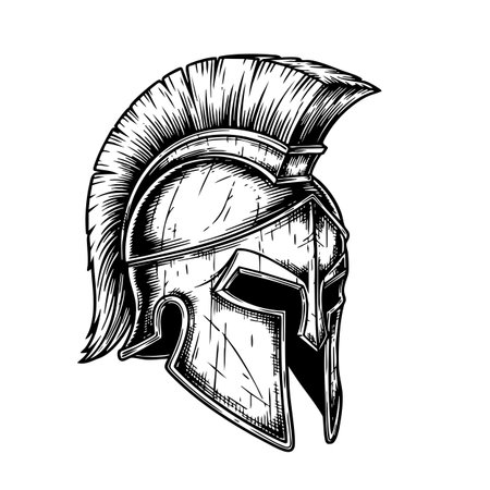 Intricate vector illustration of a Spartan warrior helmet, ideal for historical and strong themes.のイラスト素材