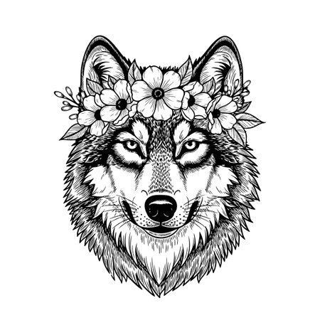 Striking vector illustration of a wolf wearing a majestic flower crown, great for wild and mystical themes. Wildlife Animals.のイラスト素材