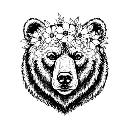 Strong bear with a charming flower crown, ideal for rustic and nature themes.のイラスト素材