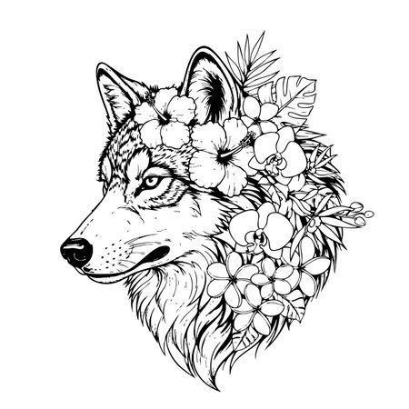 Regal wolf adorned with a vibrant flower crown, blending wild spirit with natural beauty. Wildlife...