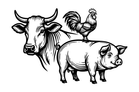 Classic farm animals together, cow, chicken, and pig. Perfect for agricultural themes.のイラスト素材