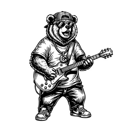 Cool bear playing electric guitar, perfect for music, rock and roll, and unique animal art.のイラスト素材