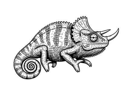 Intricate vector of a Jackson's chameleon, ideal for exotic animal and nature designs.のイラスト素材