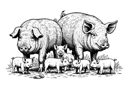 Heartwarming vector illustration of a pig family, perfect for farm and rural themes.のイラスト素材