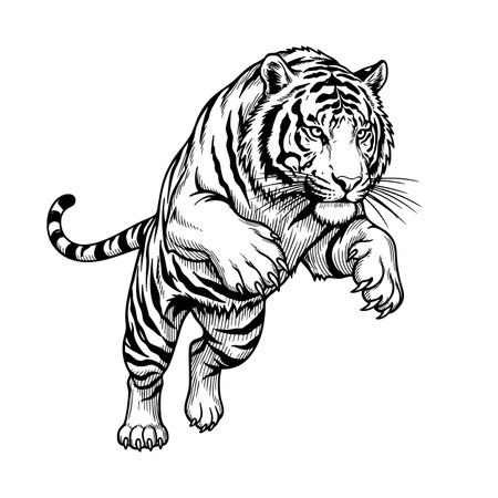 Dynamic vector of a jumping tiger, perfect for powerful and energetic animal themes.のイラスト素材