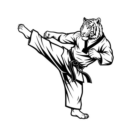 Cool tiger in a karate uniform, a fun mix of wild power and martial arts discipline.のイラスト素材