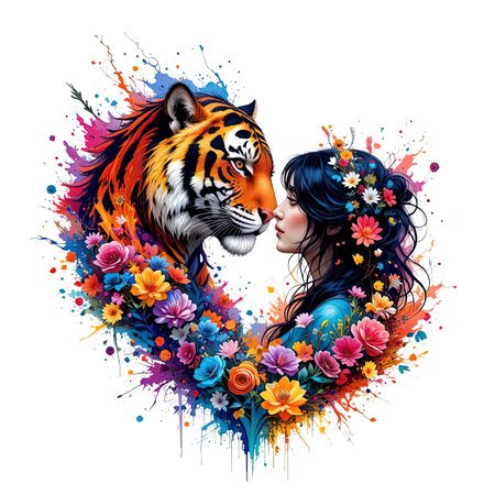 Artistic watercolor illustration of a woman and a tiger forming a heart shape with flowers and vibrant paint splatters, symbolizing love and wild beauty.の素材