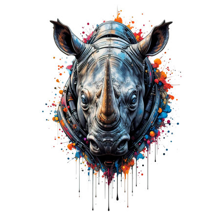 Intense cyborg rhinoceros head, detailed with metallic plates, surrounded by paint splatters in bright orange and blue.の素材