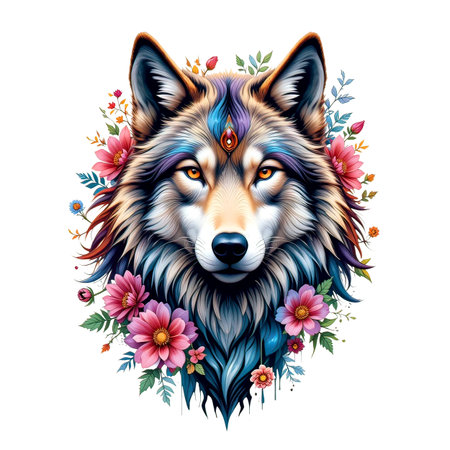 Intense wolf head with stylized multicolored fur and glowing yellow eyes, framed by bright pink and orange wildflowers and foliage.の素材