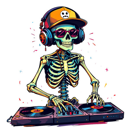 Cool skeleton DJ wearing a cap, sunglasses, and headphones, mixing music on turntables in a vibrant, comic book style.の素材