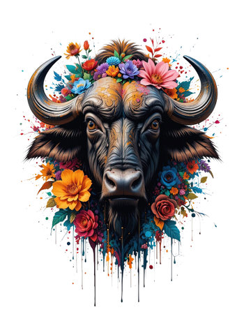 Powerful African buffalo portrait in a mixed-media style, with dramatic horns and a crown of vibrant, colorful, tropical flowers.の素材