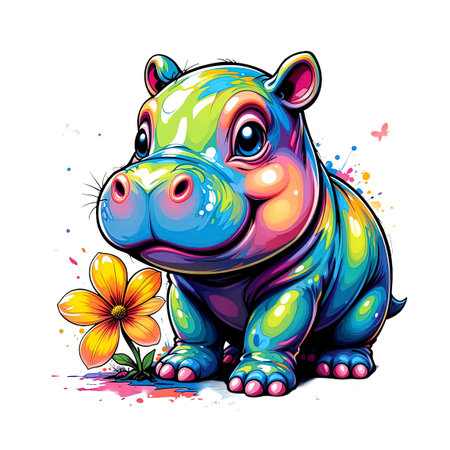 Chunky, cheerful baby hippo illustration in bright, glossy neon colors, sitting next to a yellow flower. Playful design.の素材