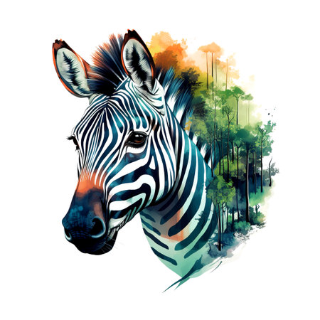 Majestic zebra head illustration blending into a watercolor forest landscape with vibrant stripes and natural earth tones.の素材
