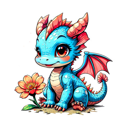 Adorable, cheerful baby blue dragon with red wings, large eyes, and scaly skin, sitting next to a bright orange flower.の素材