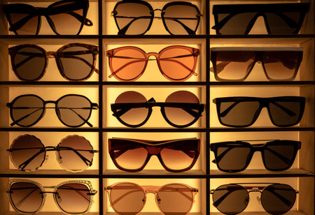 silhouettes of sunglasses of different shapes on a counter in a store in the darkの写真素材