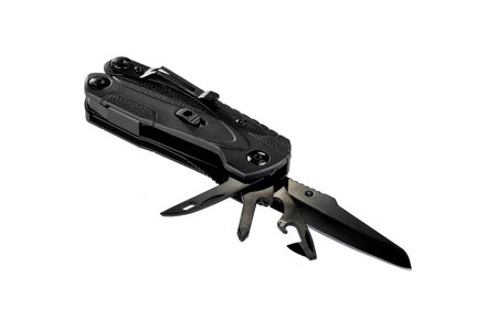 black opened multitool knife isolated on white background