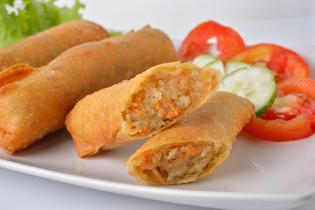 fried crispy spring roll on plateの写真素材