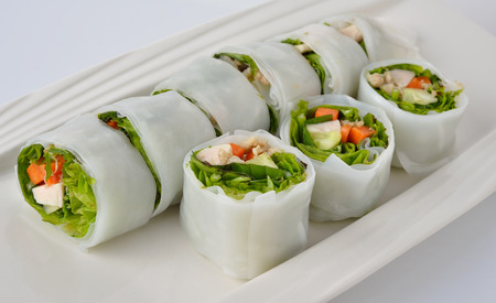 fresh spring roll with pork on white plate