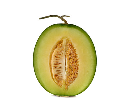 ripe green melon with stem on white backgroundの写真素材