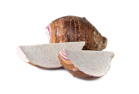 sliced fresh taro on white background