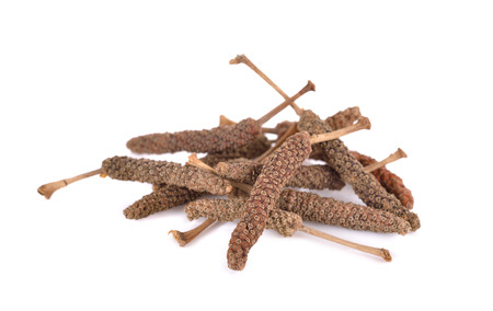 dried long pepper, Javanese long pepper with stem on white backgroundの写真素材