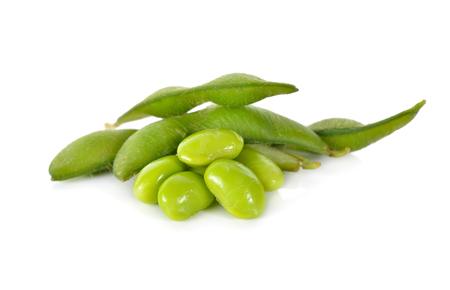 boiled green soybeans on white backgroundの写真素材